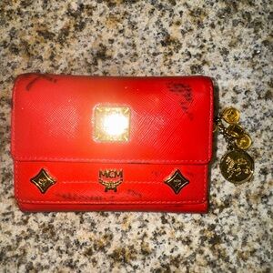 MCM Red Saffiano Leather Wallet with Gold Hardware (some color transfer)